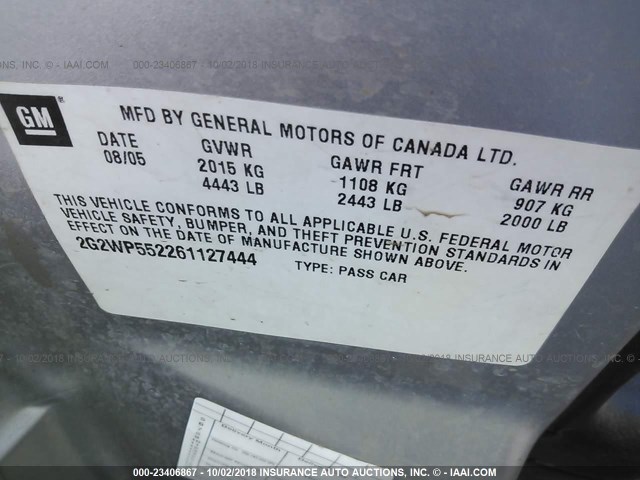 2G2WP552261127444 - 2006 PONTIAC GRAND PRIX SILVER photo 9
