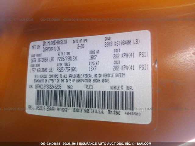 1B7HC16Y3XS240235 - 1999 DODGE RAM 1500 ORANGE photo 9