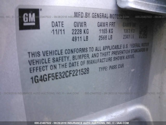 1G4GF5E32CF221528 - 2012 BUICK LACROSSE PREMIUM SILVER photo 9