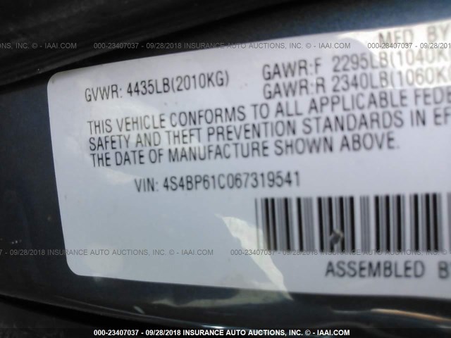 4S4BP61C067319541 - 2006 SUBARU LEGACY OUTBACK 2.5I BLUE photo 9