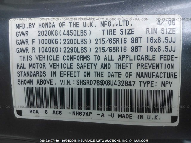 SHSRD789X6U432847 - 2006 HONDA CR-V SE/EX GRAY photo 9