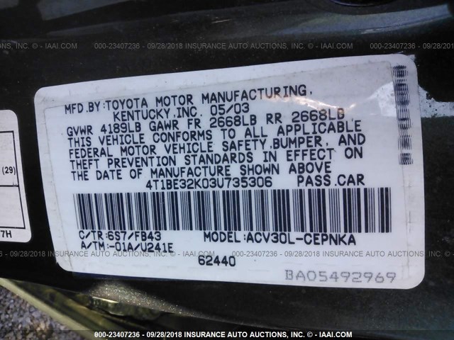 4T1BE32K03U735306 - 2003 TOYOTA CAMRY LE/XLE/SE GRAY photo 9