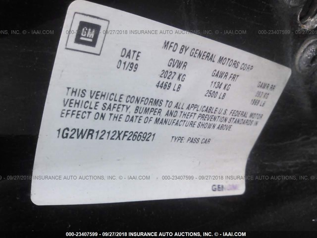 1G2WR1212XF266921 - 1999 PONTIAC GRAND PRIX GTP BLACK photo 9