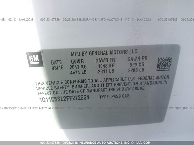 1G11C5SL2FF272564 - 2015 CHEVROLET MALIBU 1LT თეთრი ფოტო 9