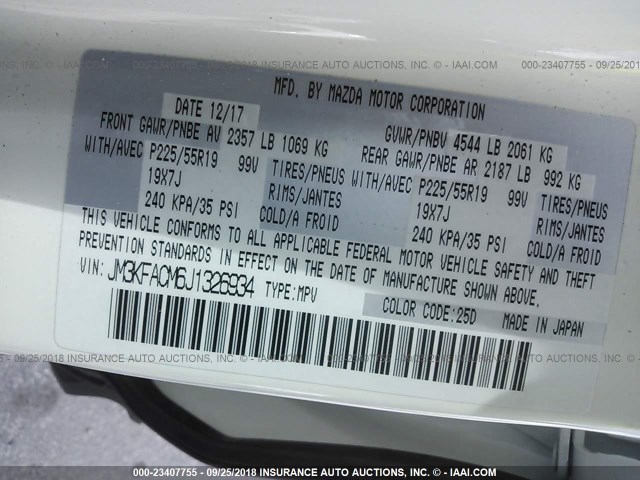 JM3KFACM6J1326934 - 2018 MAZDA CX-5 TOURING WHITE photo 9