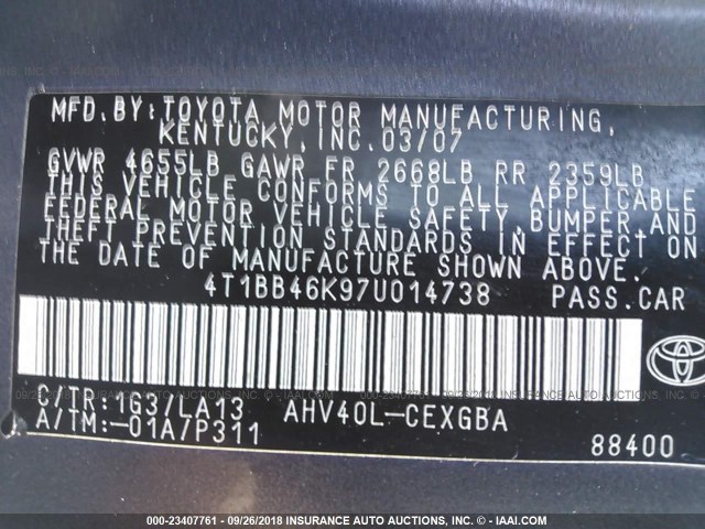 4T1BB46K97U014738 - 2007 TOYOTA CAMRY NEW GENERAT HYBRID SILVER photo 9