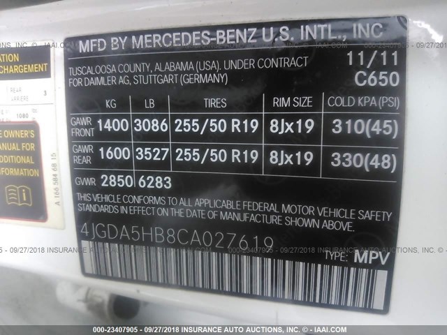 4JGDA5HB8CA027619 - 2012 MERCEDES-BENZ ML 350 4MATIC WHITE photo 9