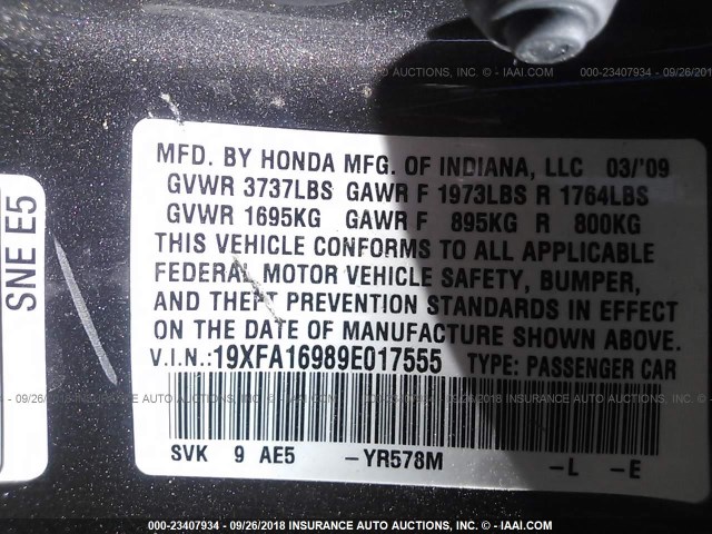 19XFA16989E017555 - 2009 HONDA CIVIC EXL Boz foto 9