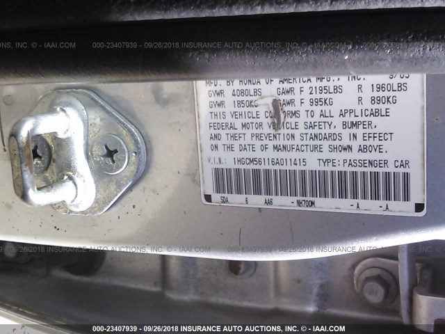 1HGCM56116A011415 - 2006 HONDA ACCORD VALUE SILVER photo 9