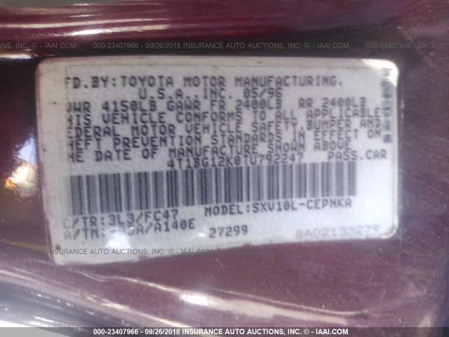 4T1BG12K0TU792247 - 1996 TOYOTA CAMRY DX/LE/XLE BURGUNDY photo 9