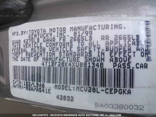 4T1BF28K4XU081348 - 1999 TOYOTA CAMRY LE/XLE 灰色 照片 9