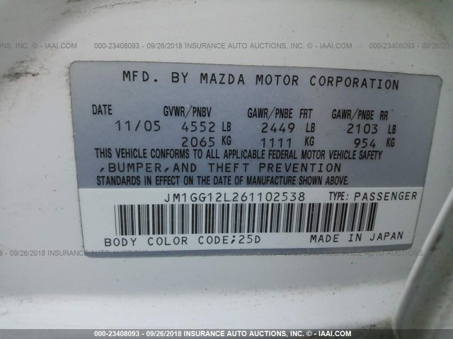 JM1GG12L261102538 - 2006 MAZDA SPEED 6 WHITE photo 9