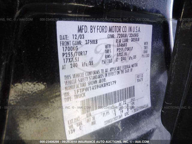 1FTPW14594KB92179 - 2004 FORD F150 BLACK photo 9