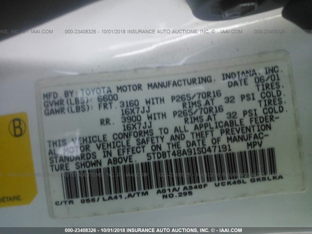 5TDBT48A91S047191 - 2001 TOYOTA SEQUOIA LIMITED WHITE photo 9