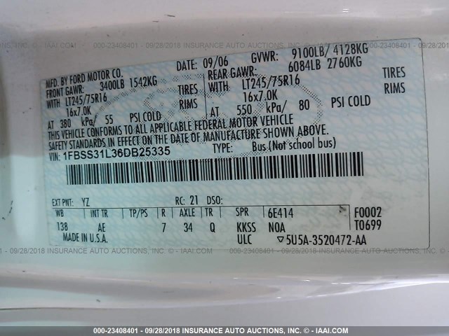 1FBSS31L36DB25335 - 2006 FORD ECONOLINE E350 SUPER DUTY WAGON WHITE photo 9