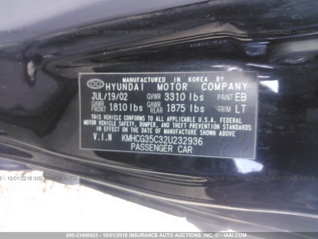 KMHCG35C32U232936 - 2002 HYUNDAI ACCENT GS BLACK photo 9