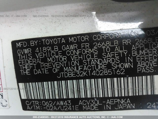 JTDBE32K140285162 - 2004 TOYOTA CAMRY LE/XLE Ақ фото 9