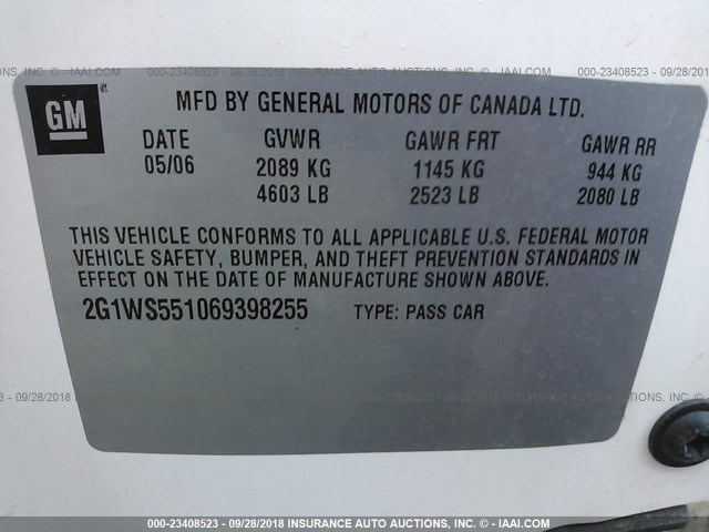 2G1WS551069398255 - 2006 CHEVROLET IMPALA POLICE WHITE photo 9