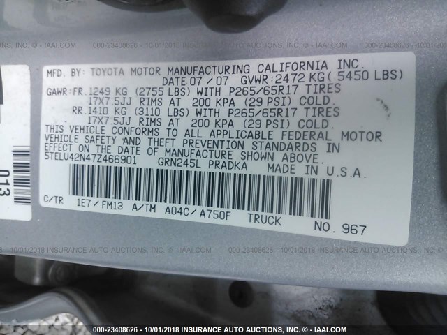 5TELU42N47Z466901 - 2007 TOYOTA TACOMA DOUBLE CAB 银色 照片 9