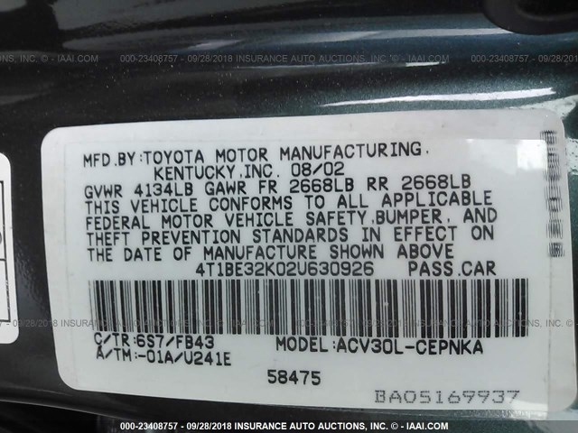 4T1BE32K02U630926 - 2002 TOYOTA CAMRY LE/XLE/SE GREEN photo 9