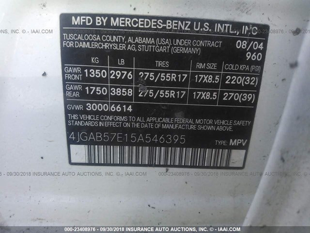 4JGAB57E15A546395 - 2005 MERCEDES-BENZ ML 350 WHITE photo 9