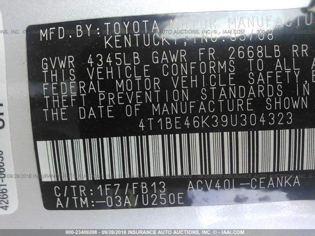 4T1BE46K39U304323 - 2009 TOYOTA CAMRY SE/LE/XLE SILVER photo 9