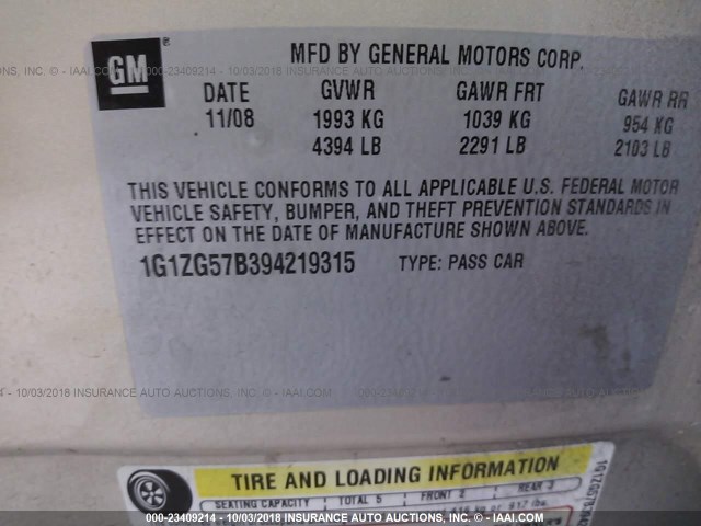 1G1ZG57B394219315 - 2009 CHEVROLET MALIBU LS Qəhvəyi foto 9