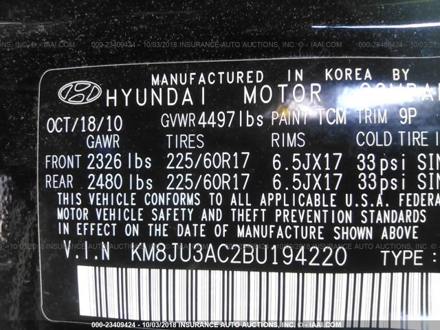 KM8JU3AC2BU194220 - 2011 HYUNDAI TUCSON GLS/LIMITED BLACK photo 9