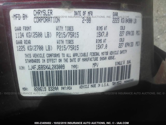 1J4FJ68SXWL203009 - 1998 JEEP CHEROKEE SPORT/CLASSIC წითელი ფოტო 9