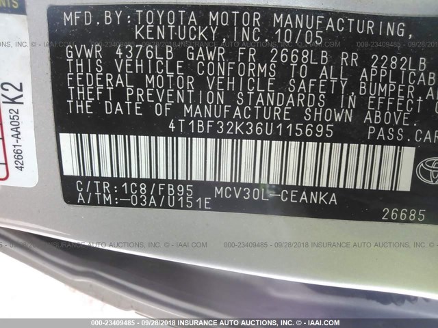 4T1BF32K36U115695 - 2006 TOYOTA CAMRY LE/XLE/SE SILVER photo 9