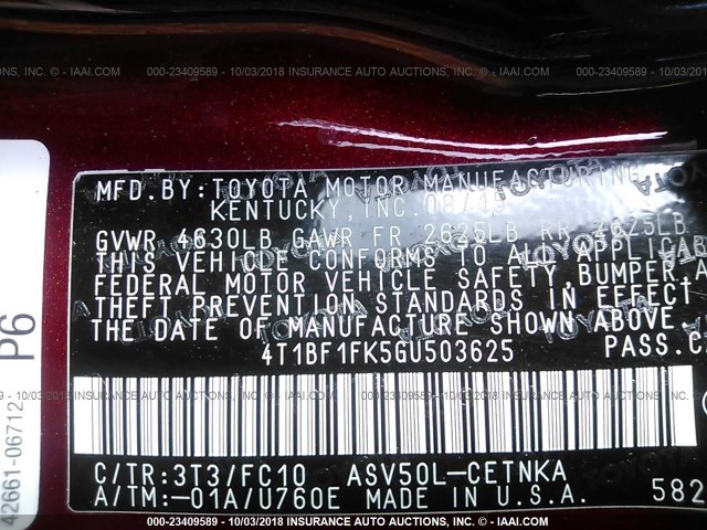 4T1BF1FK5GU503625 - 2016 TOYOTA CAMRY LE/XLE/SE/XSE MAROON photo 9