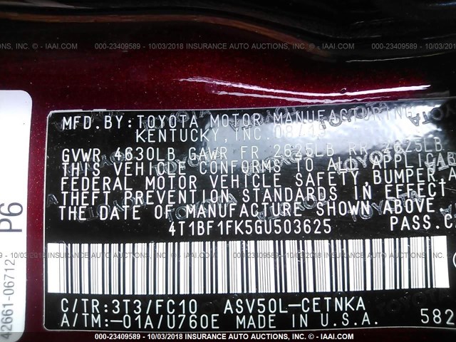 4T1BF1FK5GU503625 - 2016 TOYOTA CAMRY LE/XLE/SE/XSE 栗色 照片 9