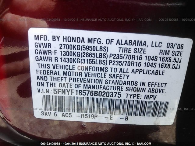 5FNYF18576B020375 - 2006 HONDA PILOT EX RED photo 9