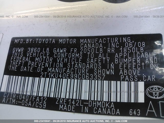 2T1KU40E99C063357 - 2009 TOYOTA COROLLA MATRIX  WHITE photo 9