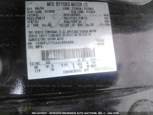 1FMFU17L64LB84686 - 2004 FORD EXPEDITION EDDIE BAUER BLACK photo 9