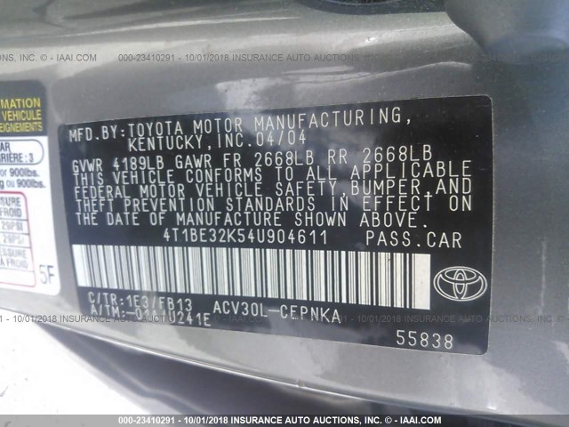 4T1BE32K54U904611 - 2004 TOYOTA CAMRY LE/XLE/SE 灰色 照片 9