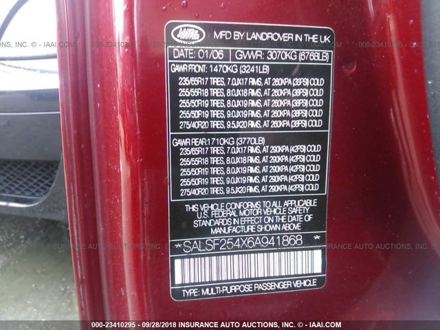 SALSF254X6A941868 - 2006 LAND ROVER RANGE ROVER SPORT HSE RED photo 9