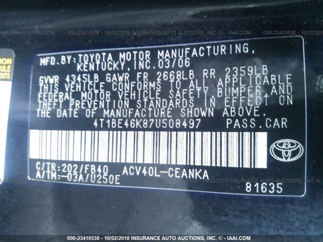 4T1BE46K87U508497 - 2007 TOYOTA CAMRY NEW GENERAT CE/LE/XLE/SE BLACK photo 9