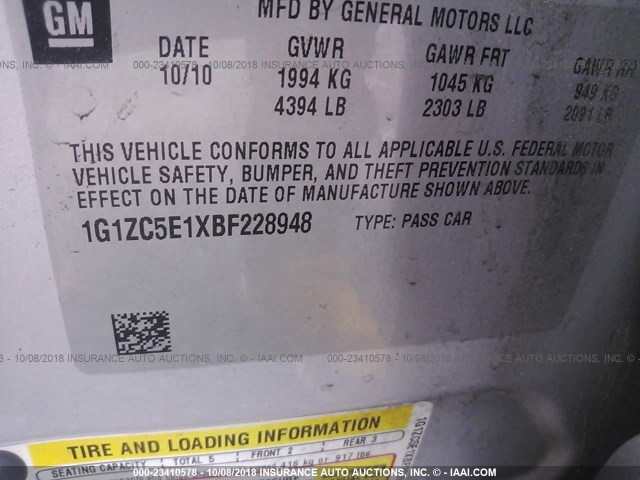 1G1ZC5E1XBF228948 - 2011 CHEVROLET MALIBU 1LT SILVER photo 9