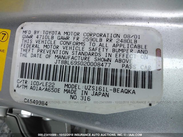 JT8BL69S020008477 - 2002 LEXUS GS 430 SILVER photo 9