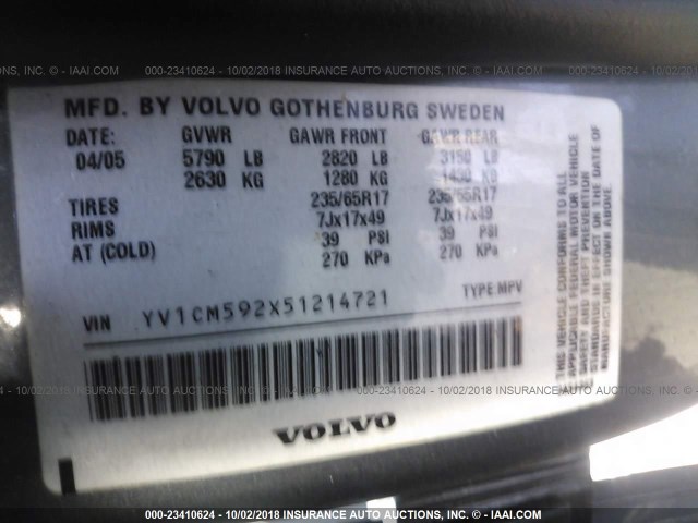 YV1CM592X51214721 - 2005 VOLVO XC90 GRAY photo 9