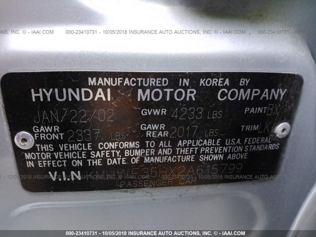 KMHWF35HX2A615799 - 2002 HYUNDAI SONATA GLS/LX SILVER photo 9