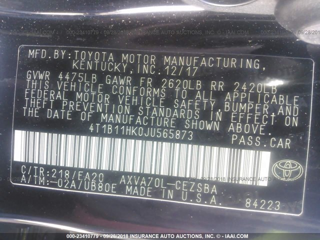 4T1B11HK0JU565873 - 2018 TOYOTA CAMRY L/LE/XLE/SE/XSE BLACK photo 9