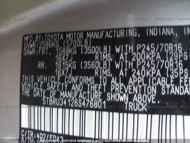 5TBRU34126S476801 - 2006 TOYOTA TUNDRA ACCESS CAB SR5 GOLD photo 9
