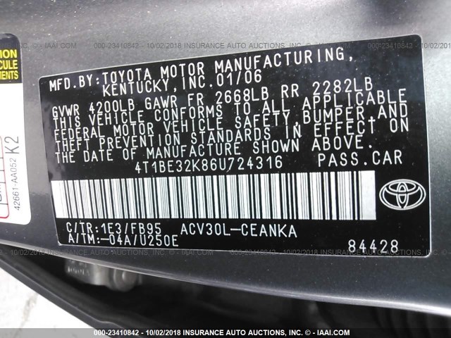 4T1BE32K86U724316 - 2006 TOYOTA CAMRY LE/XLE/SE Boz foto 9