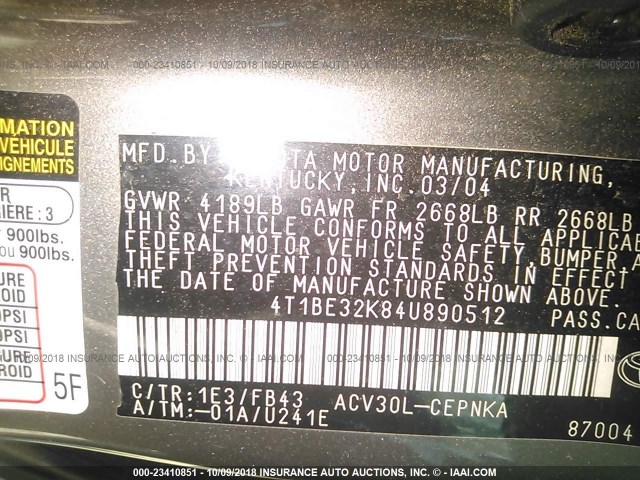 4T1BE32K84U890512 - 2004 TOYOTA CAMRY LE/XLE/SE 灰色 照片 9