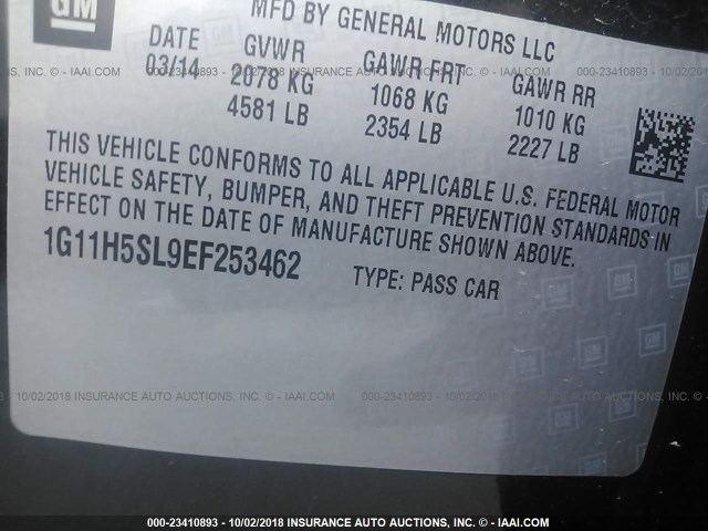 1G11H5SL9EF253462 - 2014 CHEVROLET MALIBU LTZ შავი ფოტო 9