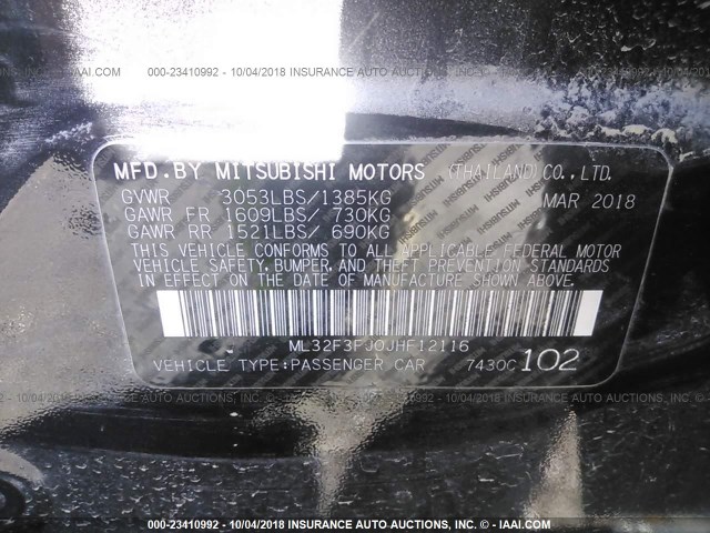 ML32F3FJ0JHF12116 - 2018 MITSUBISHI MIRAGE G4 ES შავი ფოტო 9