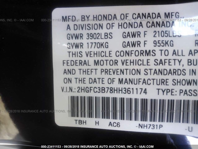 2HGFC3B78HH361174 - 2017 HONDA CIVIC EXL 黑色 照片 9