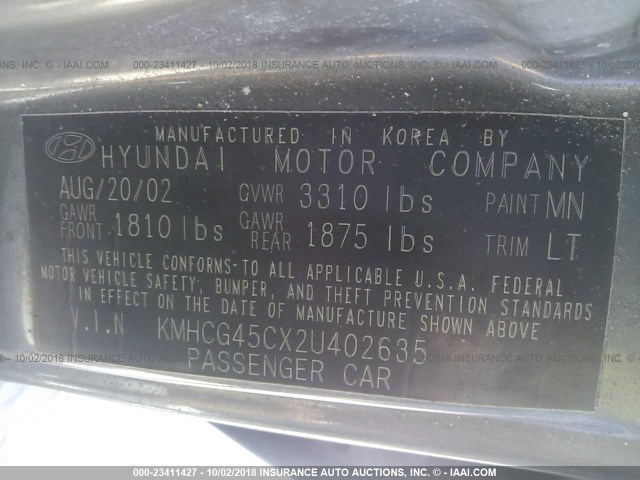 KMHCG45CX2U402635 - 2002 HYUNDAI ACCENT GRAY photo 9